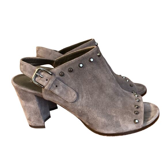 Stuart Weitzman Gray Suede Peep Toe Heeled Sandals - Size 8.5 - Picture 1 of 7